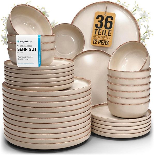 PURE LIVING INTERIOR DESIGN Geschirr-Set Steingut Geschirrset 12 Personen Rustic 36 tlg. TESTSIEGER, Hochwertig (36-tlg), 12 Personen, Steingut, Authentischer Landhausstil, Reaktive Glasur – jedes Stück ein Unikat,…