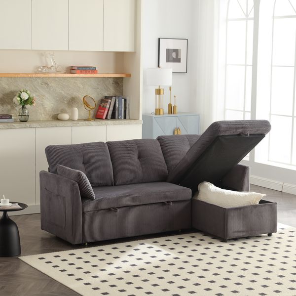 Schlafsofa 206 x 108 x 66 cm mit Bettfunktion und Stauraum – Ecksofa aus Cord in Dunkelgrau
