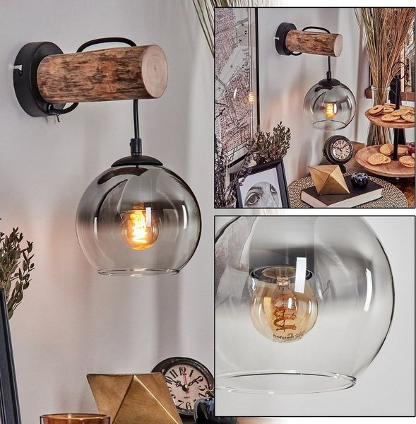 hofstein Wandleuchte Wandlampe aus Metall/Holz/Glas in Schwarz/Natur/Rauch/Klar, ohne Leuchtmittel, Leuchte mit Glasschirmen (15cm) u. Schalter, 1xE27, ohne Leuchtmittel