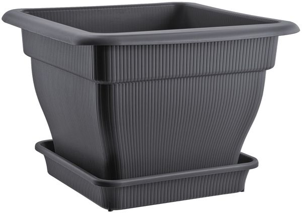 Großer Blumentopf 18 Liter mit Wasserspeicher und Untersetzer - Pflanztopf Pflanzkübel gegen Staunässe anthrazit, HDPE Kunststoff
