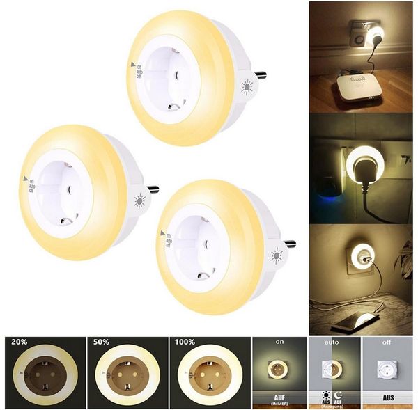 MUPOO LED Nachtlicht Steckdosen Nachtlicht Dimmbar Wandsteckdose 3 Modi Dämmerungssensor, WarmWeiß, 3 Helligkeit & Auto/AUF/AUS, LED fest integriert, Steckdose Erweitern für Flur,Kinderzimmer,Küche,Treppenhaus