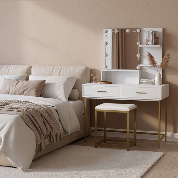 HOME DELUXE Schminktisch mit Spiegel und LED-Beleuchtung KASIA – Weiß/Gold