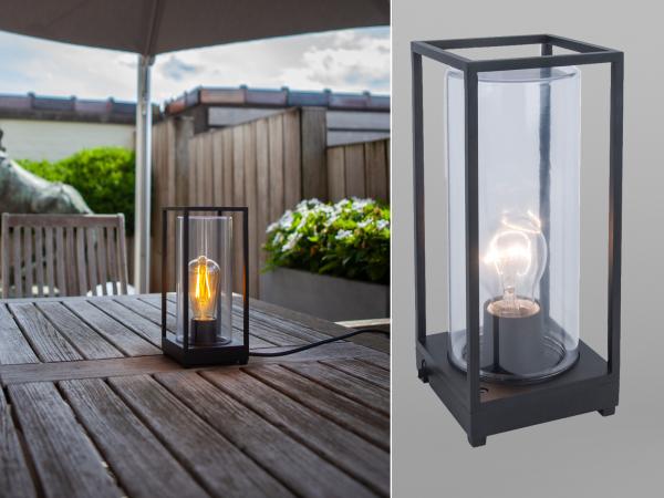 LED Außen Tischleuchte Laterne in Schwarz mit Glas Höhe 27,2 cm