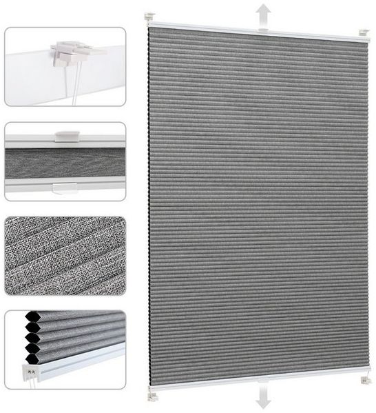 Sekey Wabenplissee Plissee ohne Bohren Verdunkelung Rollo 100% verdunkelnd Blickdicht, verdunkelnd, Klemmfix, Doppelseitige Schiene, Grau mit Textiloptik Thermo-Plissee Hitzeschutz Bild 4