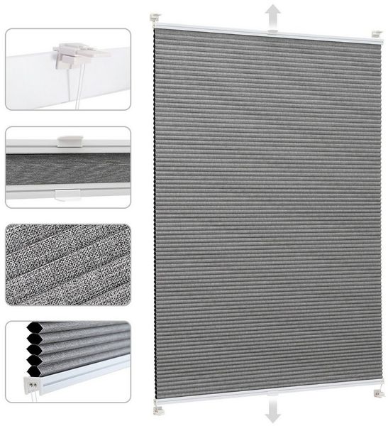 Sekey Wabenplissee Plissee ohne Bohren Verdunkelung Rollo 100% verdunkelnd Blickdicht, verdunkelnd, Klemmfix, Doppelseitige Schiene, Grau mit Textiloptik Thermo-Plissee Hitzeschutz Bild 5