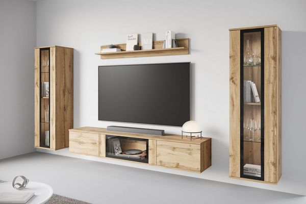 Home affaire Wohnwand Caro, stehend und hängend montierbar, (Komplett-Set, 4-St, Vitrine Türanschlag links/rechts wechselbar), grifflose Design, höhenverstellbare Einlegeböden