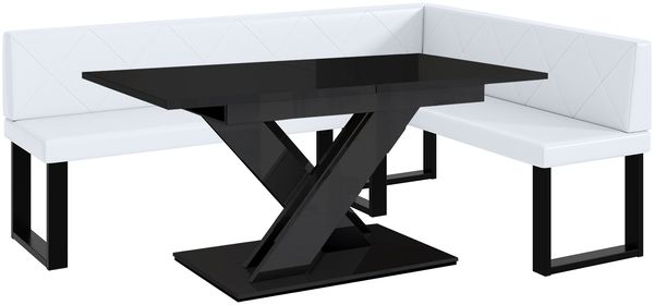 MEBLINI Eckbank für Esszimmer mit ausziehbarem Tisch - Küchenbank - Essecke - Sitzecke Küche - ERIC - U-Beine 142x196x87cm Rechts - Weiß Kunstleder/B Schwarz Hochgl.