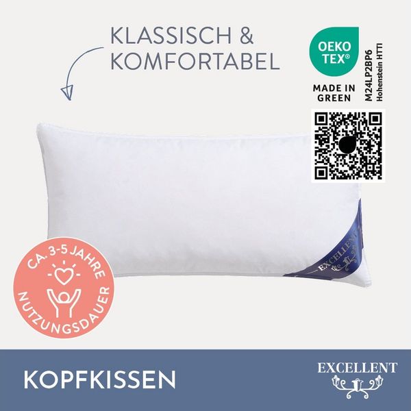 Excellent Kopfkissen Venedig, Kuschel- oder Kopfkissen 1-tlg. oder 2 -tlg, Füllung: 85% Federn / 15% Daunen, Bezug: 100% Baumwolle, Rückenschläfer, Seitenschläfer, Spar-Set, 2 Kopfkissen, Deko- oder Kopfkissen in vielen Größen