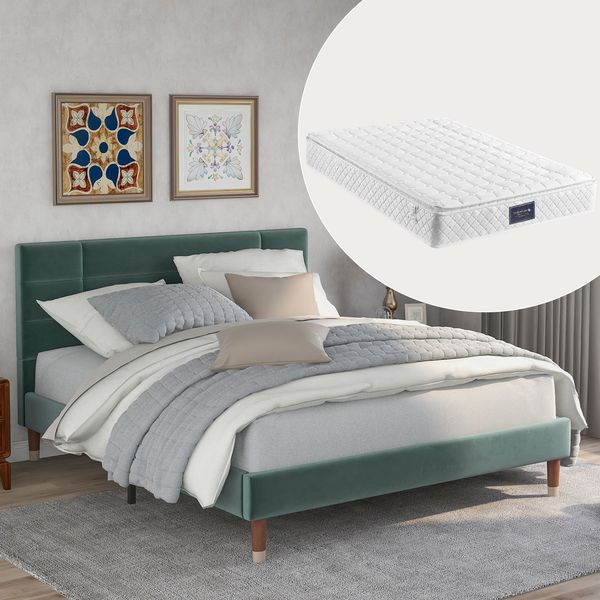 Polsterbett 140x200 cm aus Samt mit Stauraum und Federkernmatratze – gepolstertes Kopfteil, modernes Design