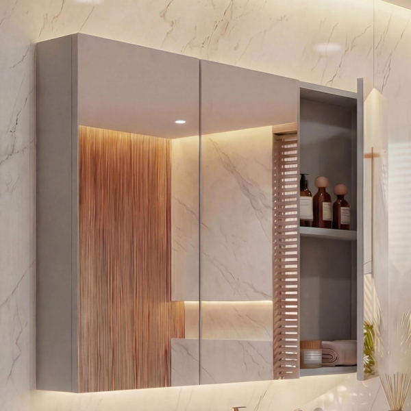 Spiegelschrank HWC-B19b, Badschrank Hängeschrank, 6 Regalböden hochglanz FSC®-zertifiziert 70x80x16cm ~ grau