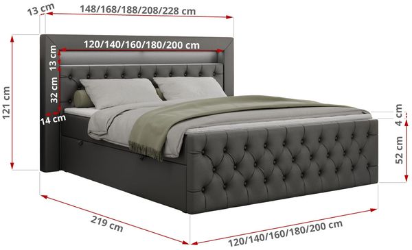 Boxspringbett, Stauraumbett mit Bettkasten, LED - GOLD-9 - 140x200cm - Dunkelgrau Kunstleder - H4 Bild 5
