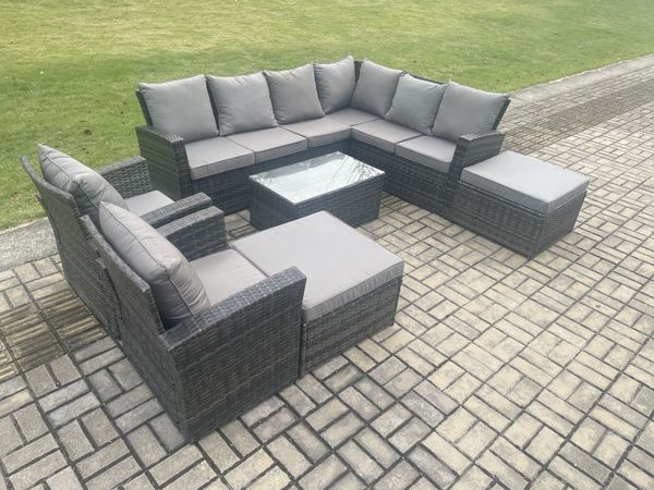 Fimous 10 Sitzer Hoher Rücken Rattan Gartenmöbel Set Polyrattan Ecksofa Set mit Rechteckiger Couchtisch 2 Großer Hockern 2 Sesseln Dunkelgrau gemischt