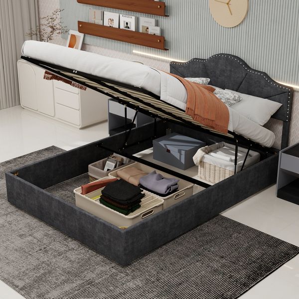 Flieks Doppelbett 160x200cm, Polsterbett mit Kopfteil, Bettkasten & Stauraum, Einzigartiges Nietendesign, Grau