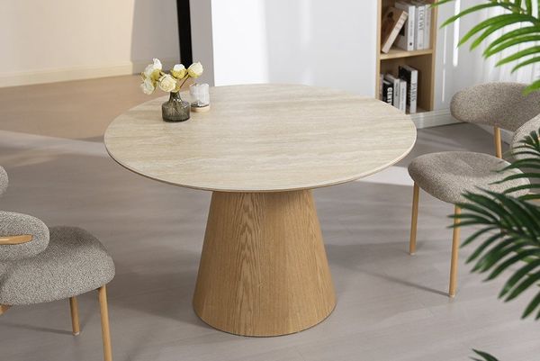 riess-ambiente Esstisch UNIQUE 120cm hellbraun / natur · runder Küchentisch mit Keramik-Platte (Einzelartikel, 1-St), 4 Personen · Säulenfuß · Eiche-Echtholzfurnier · Travertin-Design