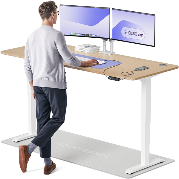 Desktronic HomePro Elektrisch höhenverstellbarer Schreibtisch 200x80cm Bambus/Weiß mit Memory-Funktion, Anti-Kollisions Technologie, USB-A und USB-C-Ladeanschlüssen