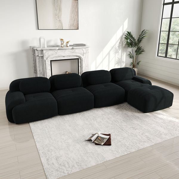 Modulares Ecksofa 75cm×388cm×178cm in Schwarz – rahmenloses Sofa aus Cordstoff mit geschwungenen Armlehnen