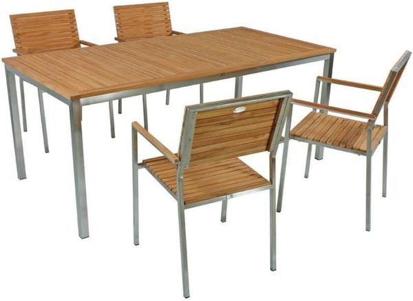 Garten-Sitzgruppe PAUL 5-tlg. Tisch + 4x Hochlehner Braun Teak Silber Edelstahl | Gartenmöbel-Set Gartengarnitur Garten-Essgruppe mit Stühlen und Esstisch