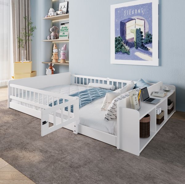 Bett 140x190 cm mit Stauraum – Kiefernholz, weiß, offene Regale