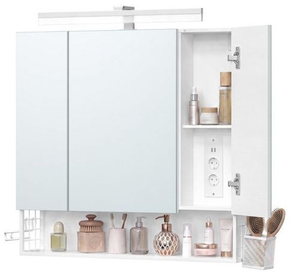VASAGLE Badezimmerschrank, Spiegelschrank mit Beleuchtung und Steckdosen, 3 Türen, 80 x 16,5 x 75 cm, Weiß