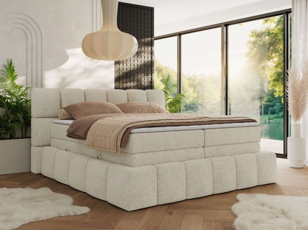 Boxspringbett NIRA KING, Doppelbett mit Fußteil, 7-Zonen Multipocket-Matratzen und Topper, Schlafzimmerbett - 120 x 200 cm - Creme Struktur - H3