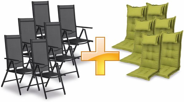sunnypillow 6er Set Gartenstühle und Gartenstuhlauflagen Hochlehner | 120 x 50 x 9 cm Hochlehner Auflage wasserdicht UV-lichtecht | Klappsessel Klappstuhl für Garten Polsterauflagen Stuhlauflage | Grün