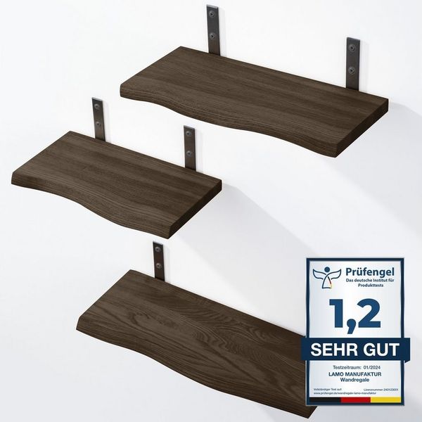 LAMO Manufaktur Wandregal LAMO Manufaktur 3 Stück Wandregal Holz 42/36/30cm, Schweberegal Massiv 100% Echtholz, Wandregale SET 1 Baumkante Farbe: Schwarz