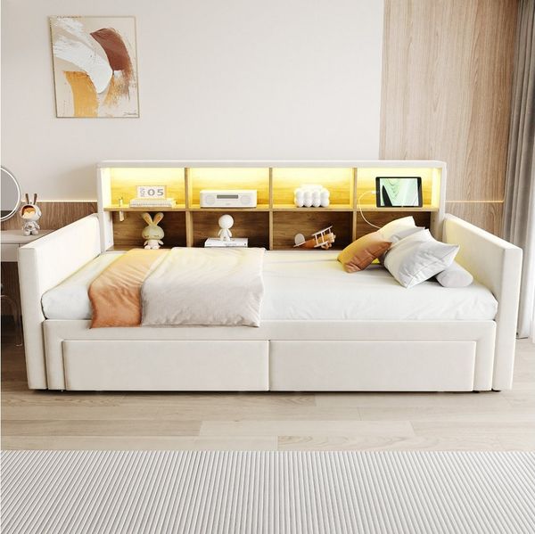 Merax Daybett 90/180×190cm mit LED-Lichtleiste und Ladeanschlüssen (Polsterbett Schlafsofa Sofabett Jugendbett Doppelbett, 1 tlg), Tagesbett mit Ausziehbett, 2 Schubladen & Kopfteil-Staufächern, Samt