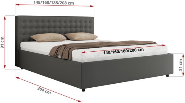 Polsterbett mit Holzlattenrost Doppelbett PAVO CLASSIC, hohe Kopfteil, Bettkasten mit Gasdruckfeder Foam Matratze - 200x200 cm - Grau Kunstleder - MIRO LUX Bild 4