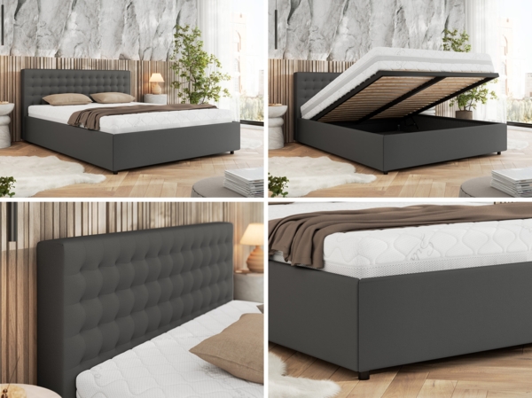 Polsterbett mit Holzlattenrost Doppelbett PAVO CLASSIC, hohe Kopfteil, Bettkasten mit Gasdruckfeder Foam Matratze - 200x200 cm - Grau Kunstleder - MIRO LUX Bild 2