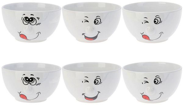 Annastore Müslischale 6-tlg. Set Schalen mit lustigem Gesicht - Müslischalen Servierschale, (6-tlg), 500 ml, Dessertschalen aus Keramik