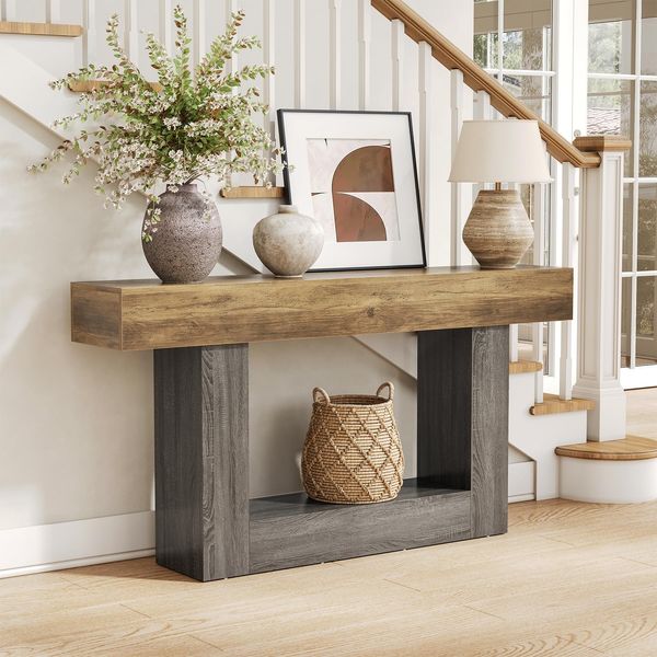 LITTLE TREE Konsolentisch, 160 cm lang, 2-stöckig, Bauernhaus-Sofatisch hinter der Couch, großer schmaler Eingangstisch für Wohnzimmer, Flur, Foyertisch aus Holz mit robuster Basis, rustikales Braun