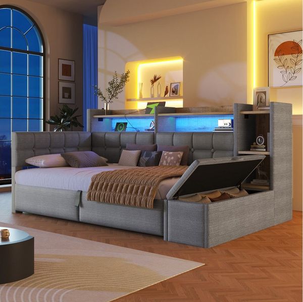 Merax Daybett mit LED Lichtleiste, USB, Typ-C & Bettkasten, Samt (Schlafsofa Sofabett Jugendbett Kinderbett Einzelbett, 1 tlg), Tagesbett 90x200 cm mit hydraulischem Stauraum,Ablagefach,Stauraumbank