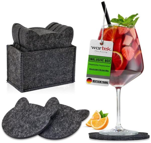 wortek Getränkeuntersetzer Filz-Untersetzer Katze für Gläser 10er Set + Box, Zubehör für Tisch & Gläser, Set, 10-tlg, waschbare Getränke Glasuntersetzer Gläser, Tischuntersetzer Filz 10 cm