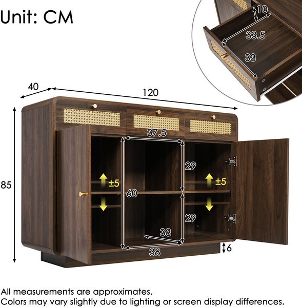 Sideboard Retro-Design mit Rattan & offenem Regal, 120x40x85 cm, Nussbaum Bild 7