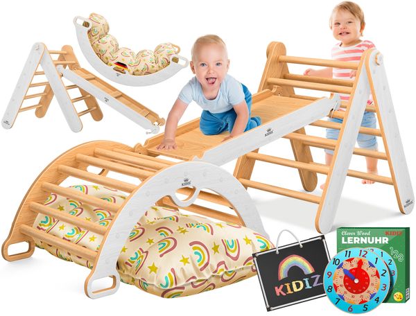 KIDIZ® Klettergerüst Montessori 7in1 Spiel-Set mit Kletterbogen Rutsche Kletterdreieck aus Holz inklusive Kissen, Tafel & Lern-Uhr | Indoor Spielplatz für Kleinkinder ab 1 Jahr & Kinder bis 3 Jahre Weiß / Hellbraun