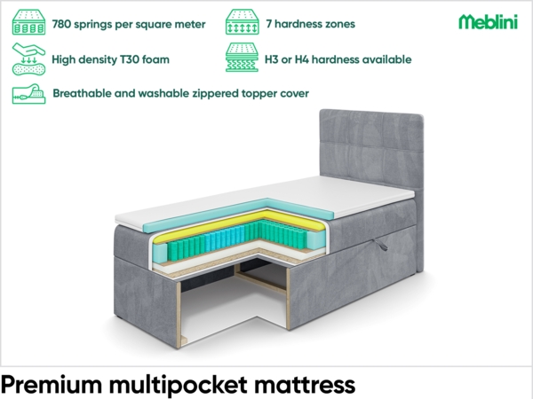 MEBLINI Boxspringbett KAI 80x200 cm mit Bettkasten - H4/Creme Samt Gepolstert Einzelbett mit Topper & Taschenfederkern-Matratze - 80x200 Links Bild 6