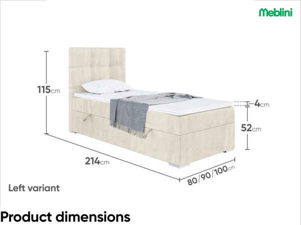 MEBLINI Boxspringbett KAI 80x200 cm mit Bettkasten - H4/Creme Samt Gepolstert Einzelbett mit Topper & Taschenfederkern-Matratze - 80x200 Links Bild 7
