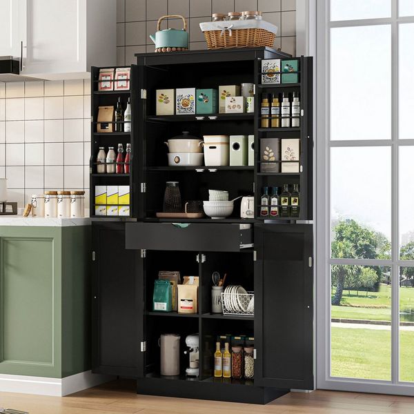 Flieks Mehrzweckschrank Hochschrank mit Türablagen, 7 Staufächern und 1 versteckte Schubladen (1-St, 75 x 40 x 182 cm) Küchenschrank Küchenbuffet Vorratsschrank Sideboard Schwarz