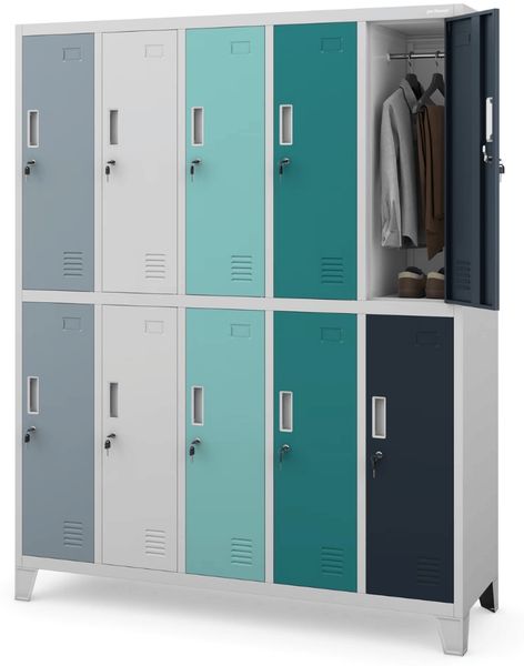 Umkleideschrank Spind BARTEK - 10 Abteile, Etikettenhalter Lüftungsschlitze | Umkleidespind Schließfachschrank Garderobenspind, 172x136x45cm Mehrfarbig