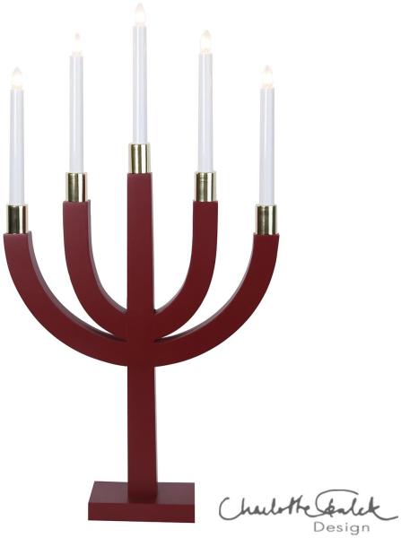 Kerzenleuchter ,Elias', 5-flammig, Gold-Details, Kiefer, rot. H 67cm, B 35cm