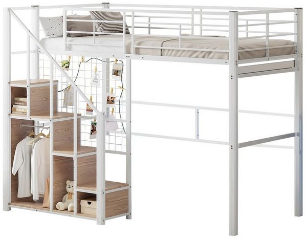 Flieks Hochbett Einzelbett Kinderbett Metallbett 90x200 cm mit Stauraumtreppe
