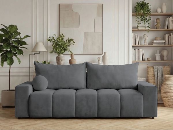 GRAINGOLD Schlafsofa Miro, mit Kissen, Couch 3-Sitzer, mit Wellenfeder und Bettkasten, Velour-Stoff, Grau
