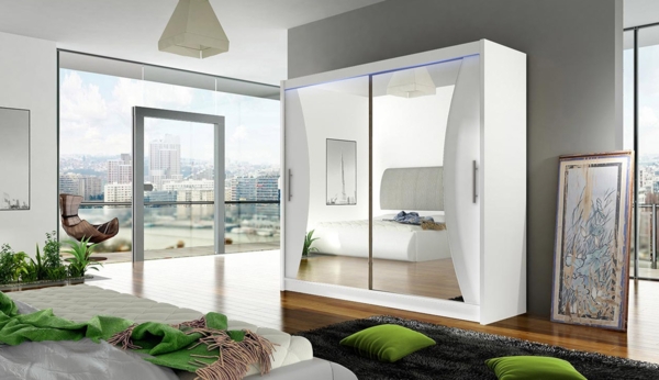 Kleiderschrank London V, mit RGB LED Beleuchtung, Farbe: Weiß / Spiegel