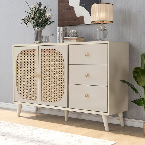 Sideboard mit PE-Rattan & 3 Schubladen, 120 x 40 x 82,5 cm, Cremeweiß