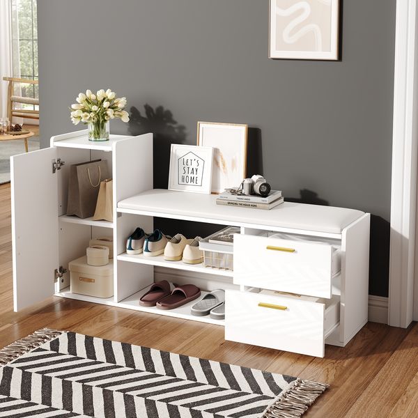 Schuhschrank Weiß Hochglanz 128 cm mit Sitzbank, Schubladen, Schrank & 2-stöckigem Schuhregal Flur Sideboard