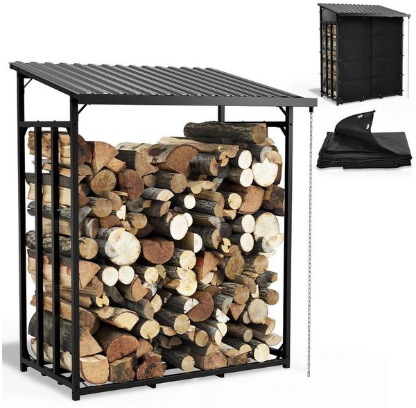 Onbest Kaminholzregal Metall mit Regenrinne und Regenkette, BxTxH:185x70x185 cm, 150g Schutzplane, 1,56 m³