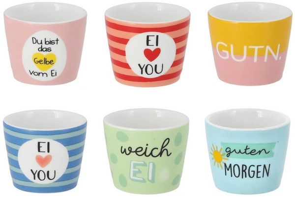 Macosa Home Eierbecher 6er Set bunt lustig 5 cm Steingut, (Geschenkidee Küche, 6-tlg, für Frühstück Brunch Ostern Tischdeko), Eierhalter mit Spruch farbenfroh