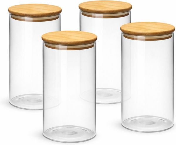 van Well Vorratsglas Vorratsdose Ella, 4 Stück, Bambus, Glas, (Set, 4-tlg), mit Bambusdeckel