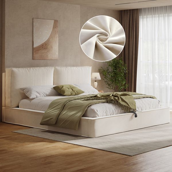 Polsterbett,Doppelbett,180 x 200cm,hydraulisches Funktionsbett,Bett mit Lattenrost, Kopfteil, gepolstertes Kopfteil, Beige, samt