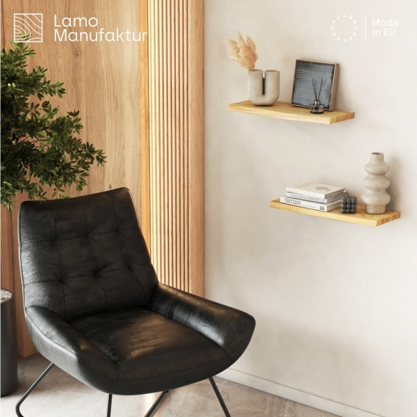 LAMO Manufaktur Wandregal LAMO Manufaktur 2 Stück Wandregal aus Holz 2x 42cm, Schweberegal Massiv 100% Echtholz, Wandregale SET 2 Baumkante Farbe: Dunkel Bild 3